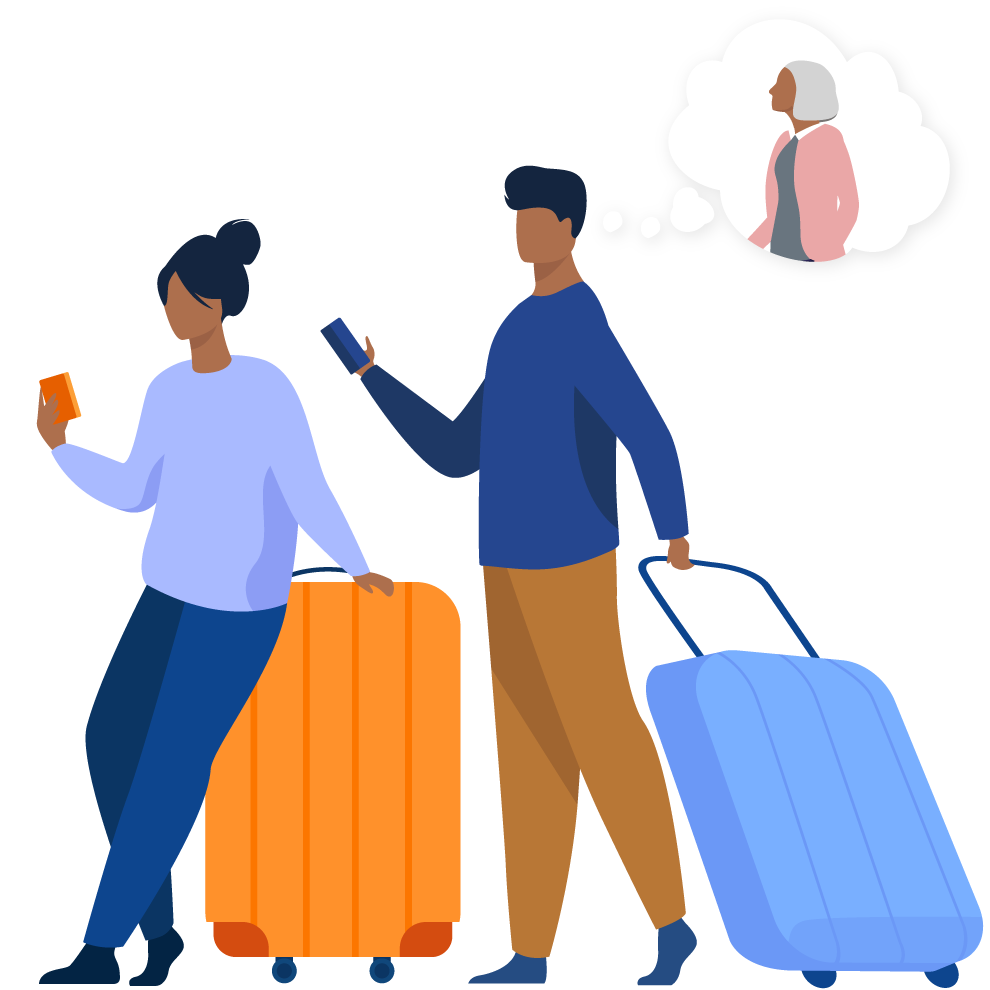 young couple going on vacation thinking about mom at home